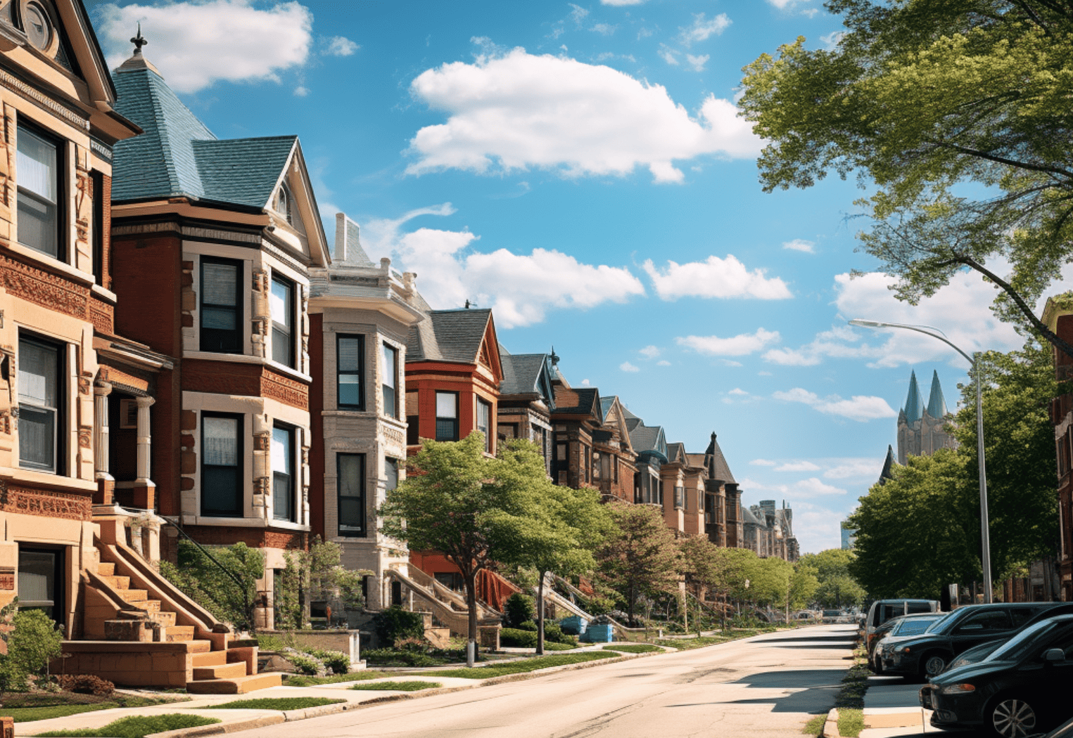 a leafy suburb picture of Albany Park Chicago. A row of 3 storey houses